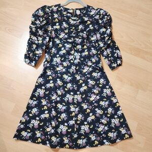 Rebecca Taylor Posey Dress Black Floral Size Small Cotton Ruched Sleeves